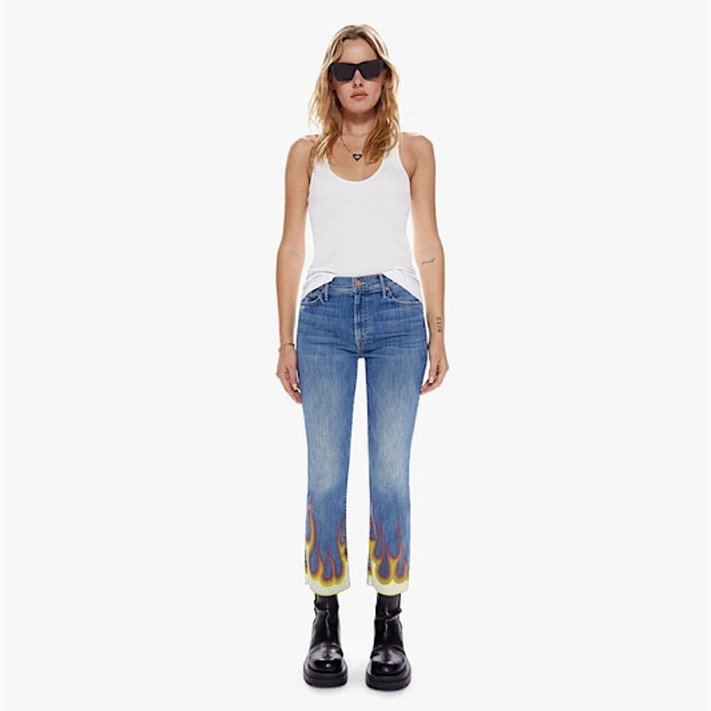 MOTHER Blue Cropped Jeans with Flame Hem